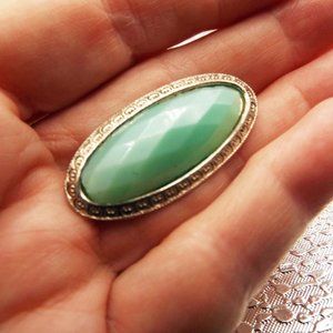 VINTAGE 1950'S LONG OVAL ALBION FACETED PEARLIZED MINT GREEN GLASS SET PIN 59